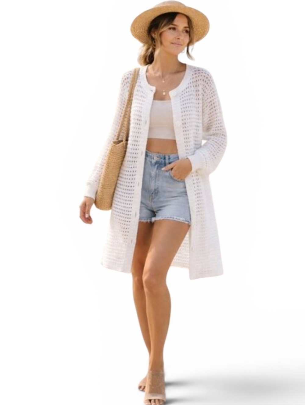 Vintage White Open-Knit Longline Cardigan Cover-Up | Boho Coastal Chic